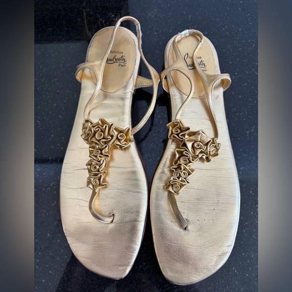 Christian Louboutin Shoes - Christian Louboutin Gold Leather Floral Print T-Strap Sandal 40